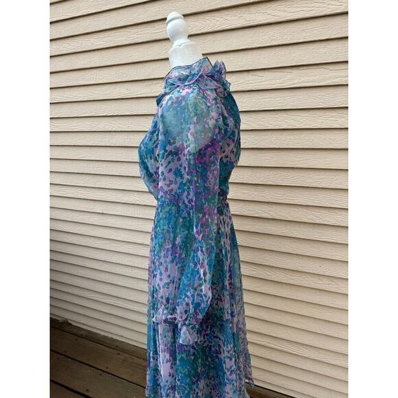 Vtg 60s Ruffle Maxi Dress M 6 8 Purple Floral Long Sleeve Modest Fairy Retro - Picture 4 of 11